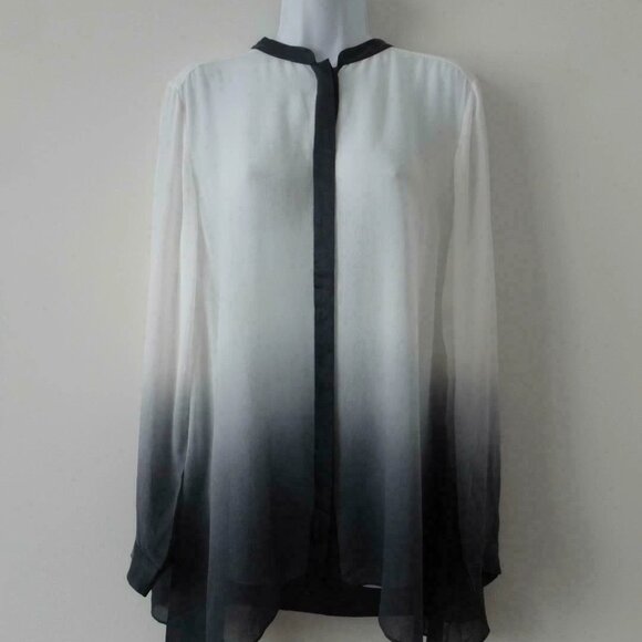 NWT EILEEN FISHER White Graphite Silk Georgette Mandarin Collar Blouse Top M - Picture 1 of 7